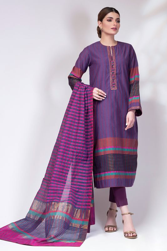 3 Pc Embroidered Yarn Dyed Suit With Yarn Dyed Dupatta